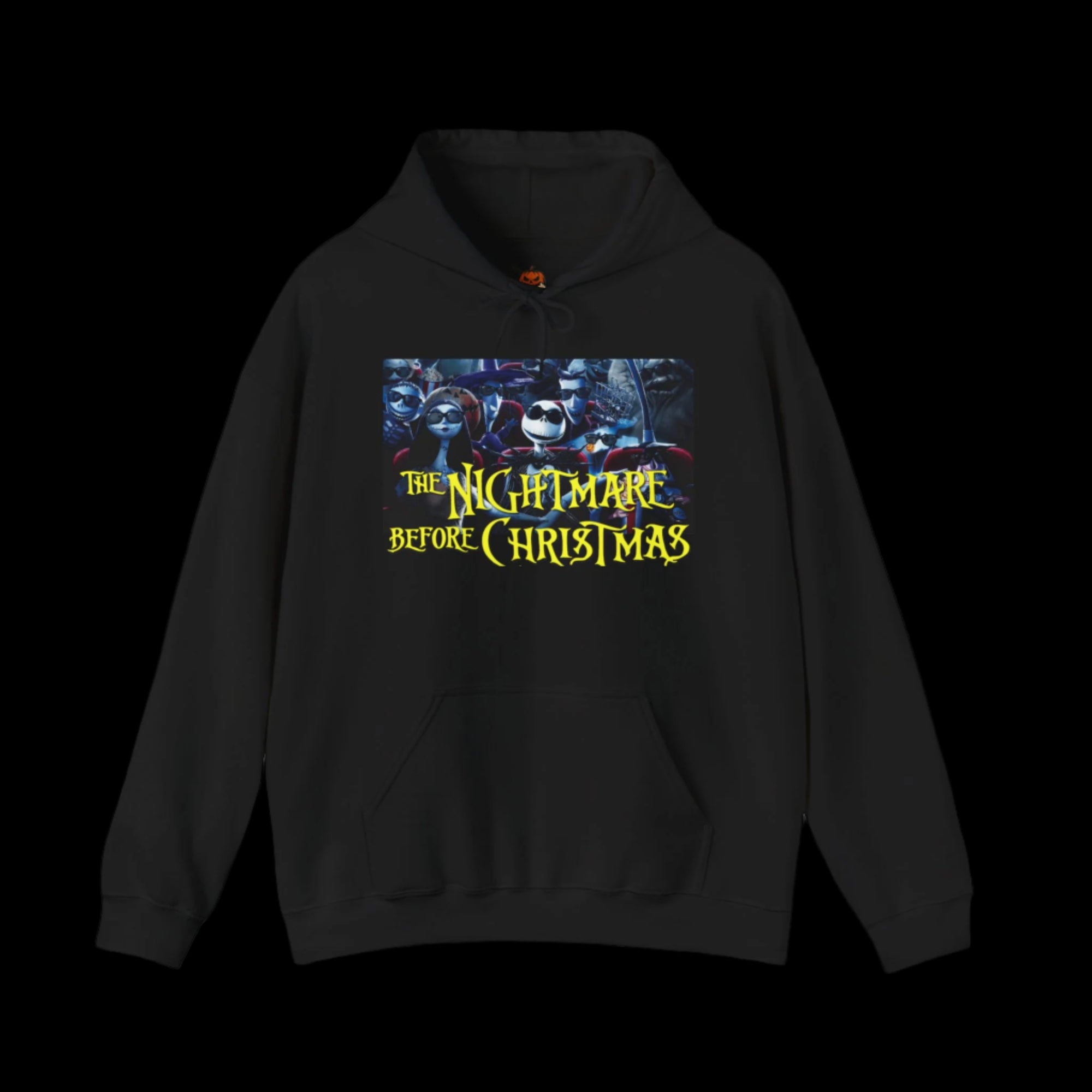 Black hoodie with 'The Nightmare Before Christmas' graphic on a black background
