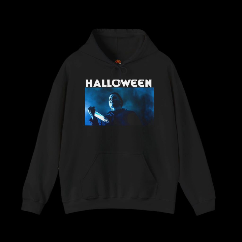 Black hoodie with 'HALLOWEEN' text and a graphic of Michael Myers on a white background