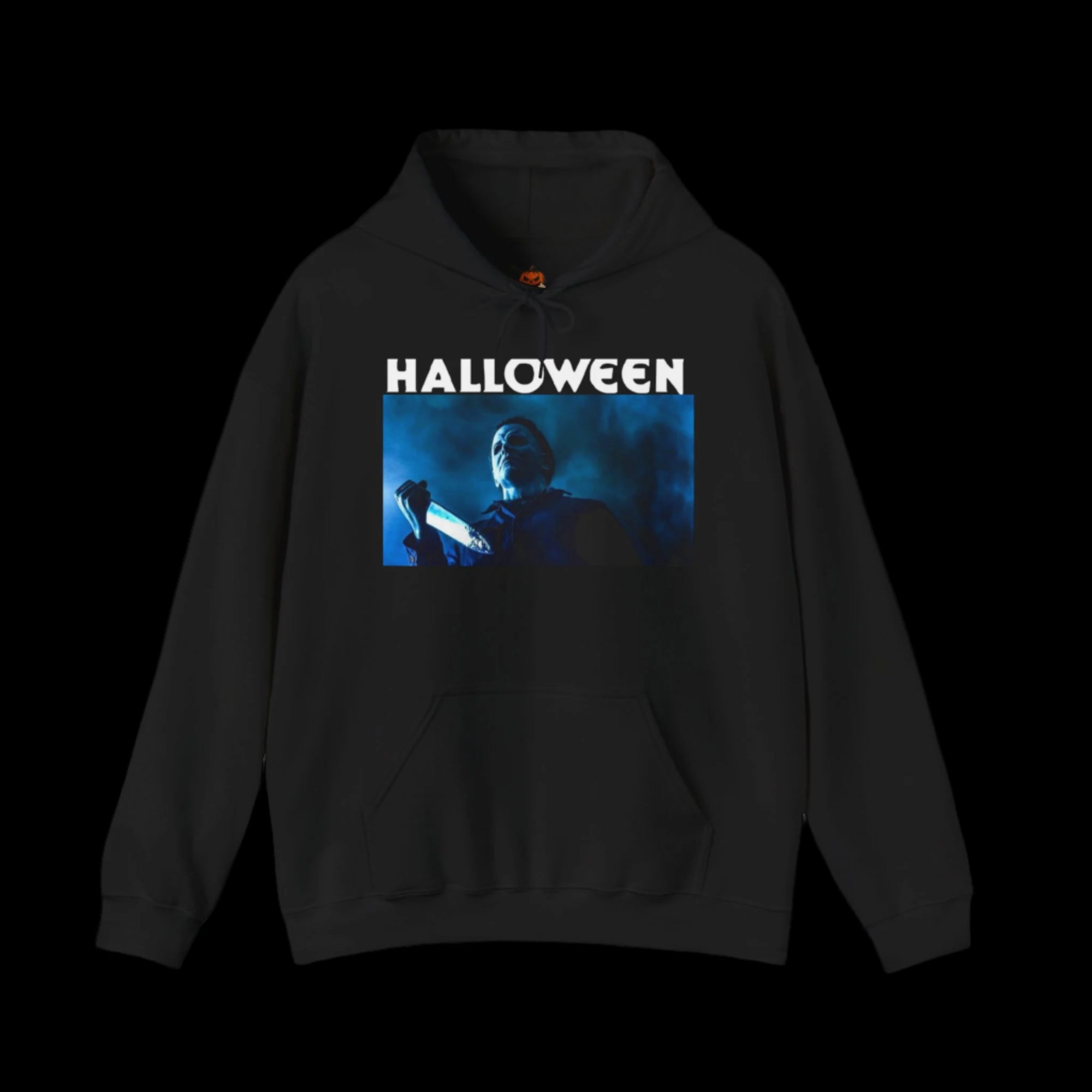 Black hoodie with 'HALLOWEEN' text and a graphic of Michael Myers on a white background