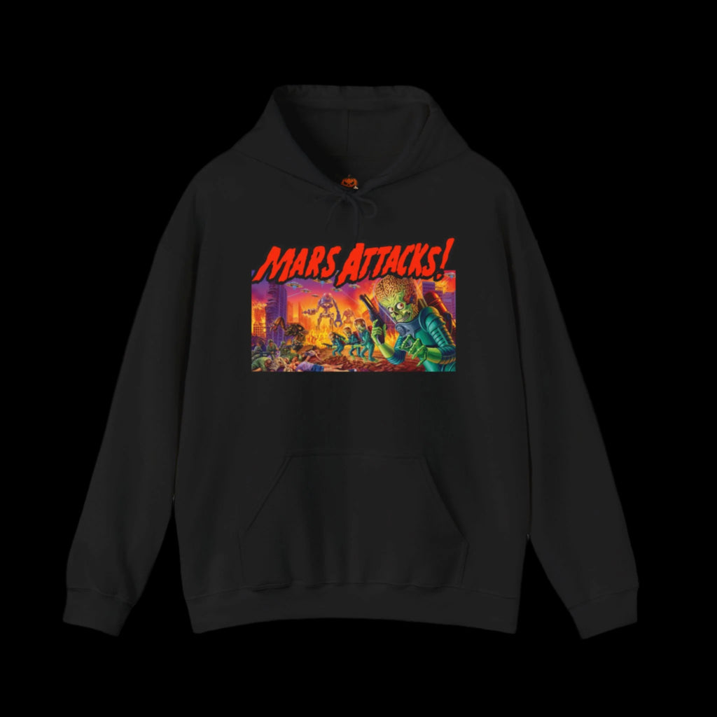 Black hoodie with 'Mars Attacks!' graphic on a black background