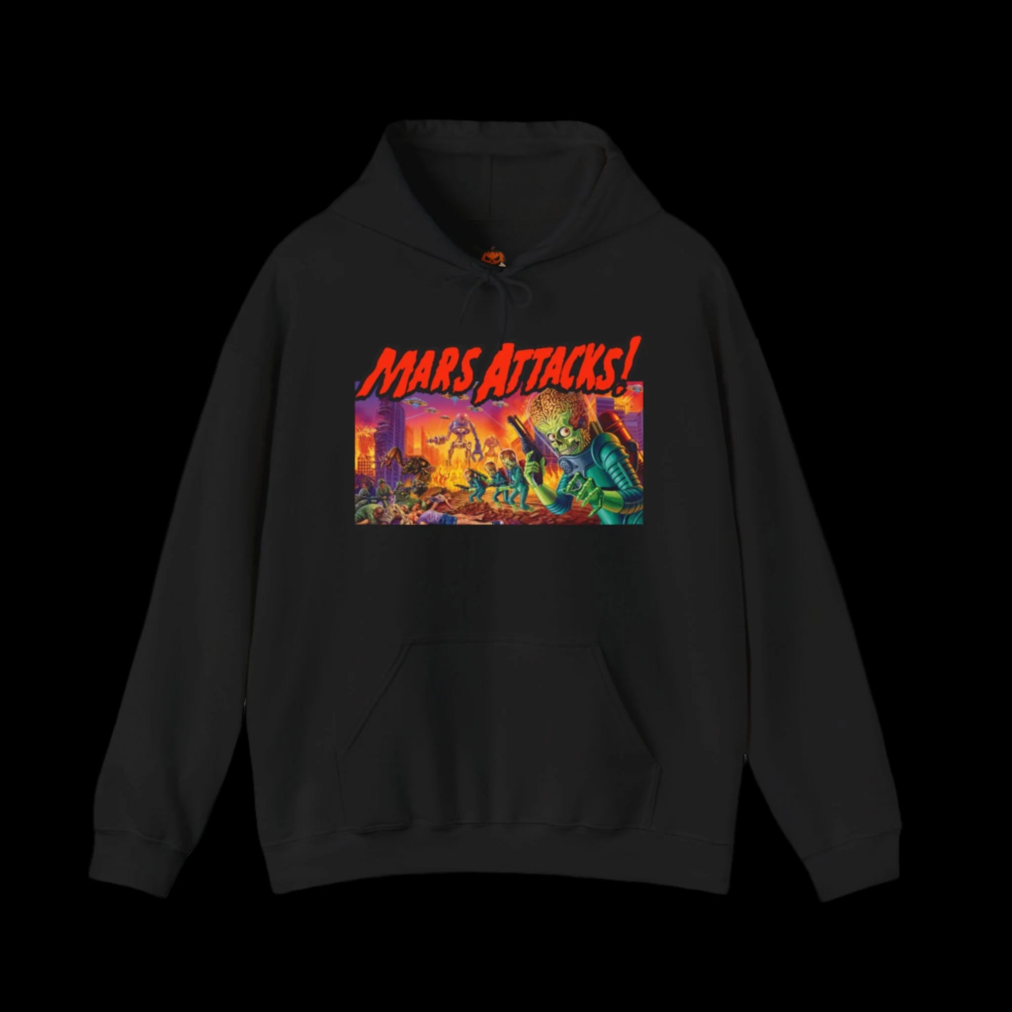 Black hoodie with 'Mars Attacks!' graphic on a black background