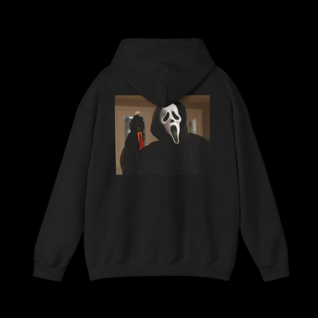 Black hoodie with a graphic of Ghostface on the back against a white background