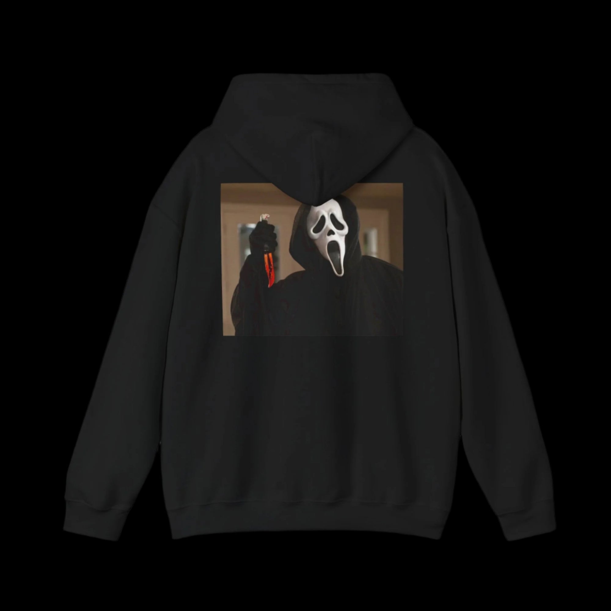 Black hoodie with a graphic of Ghostface on the back against a white background
