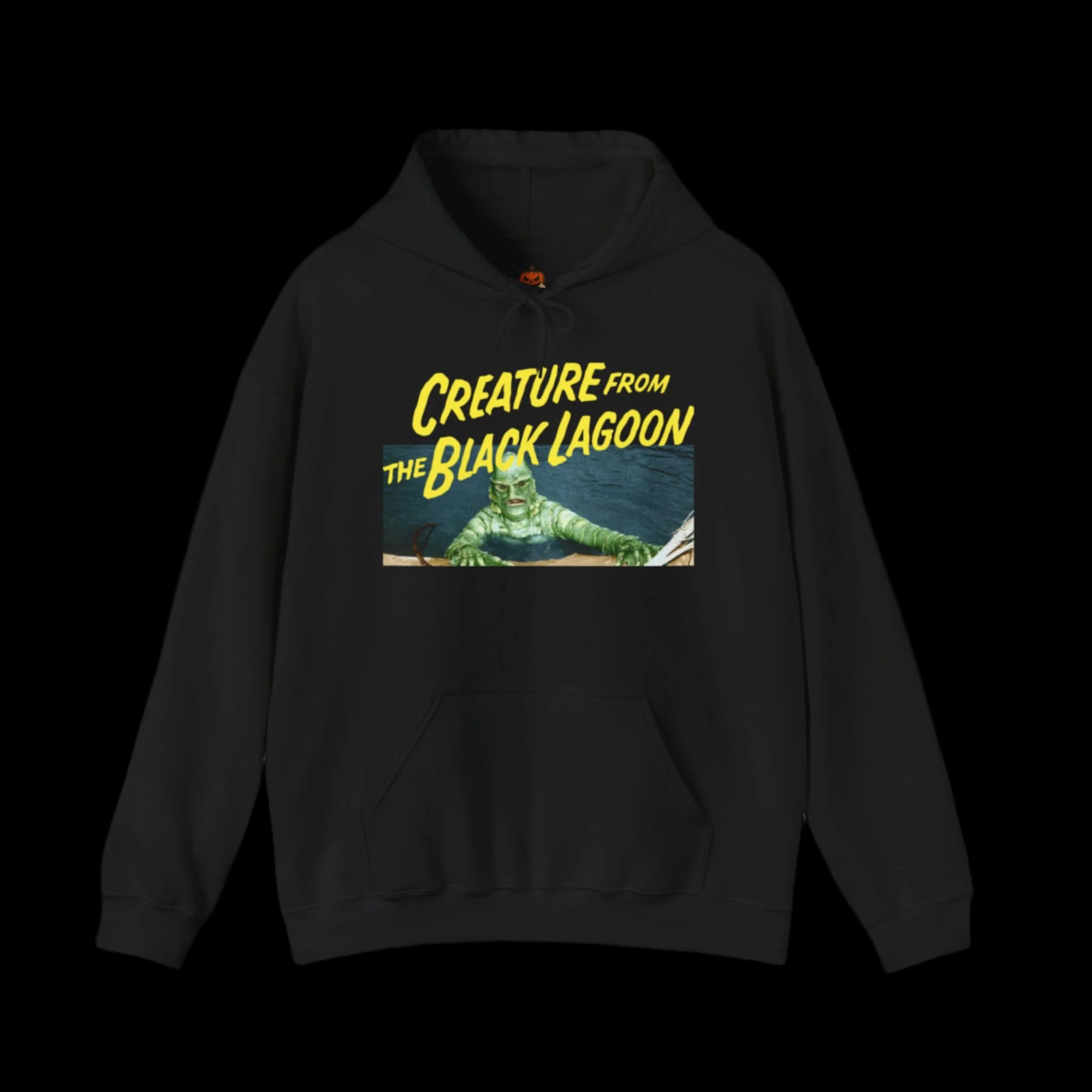 Black hoodie with a graphic of a creature from the black lagoon gill-man and text on a black background