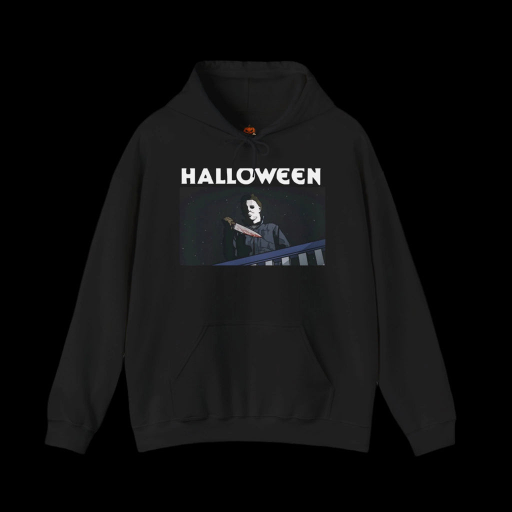 Black hoodie with 'HALLOWEEN' text and a graphic of Michael Myers on a white background