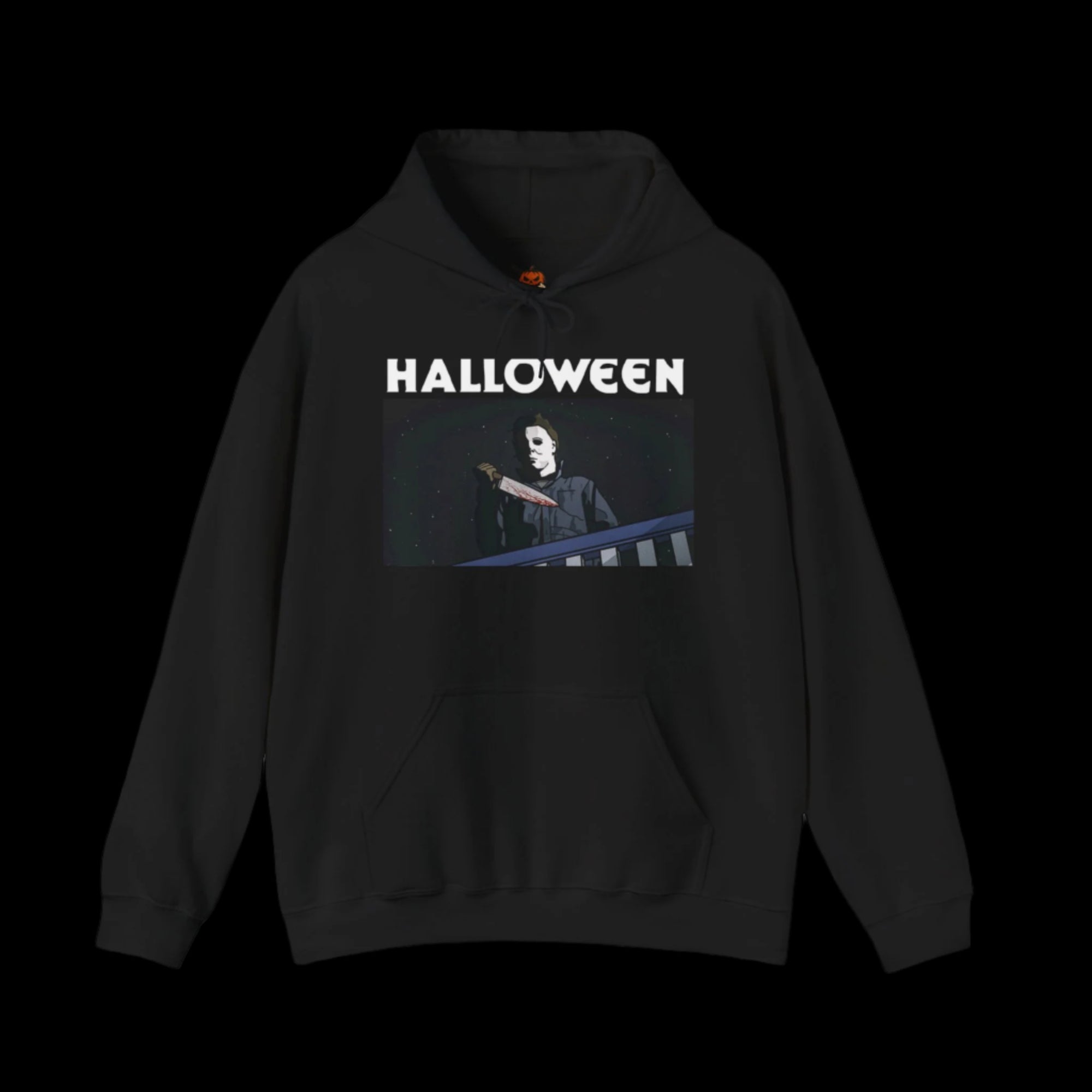 Black hoodie with 'HALLOWEEN' text and a graphic of Michael Myers on a white background