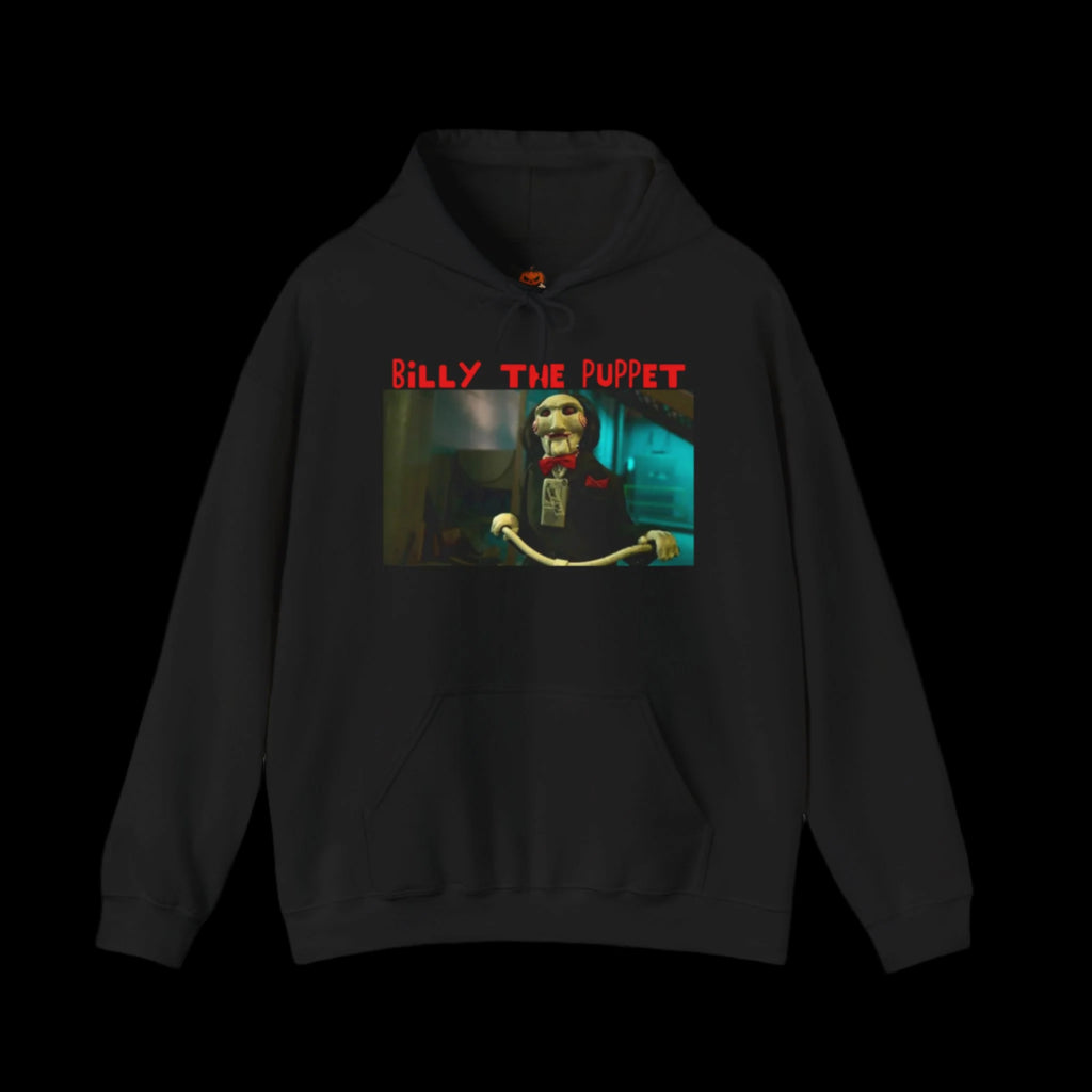 Black hoodie with 'Billy the Puppet' graphic design on a black background