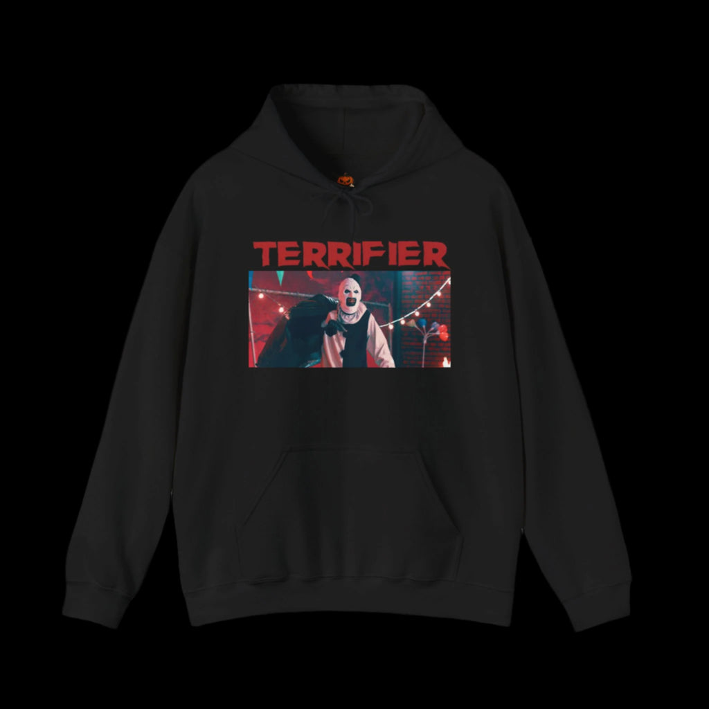 Black hoodie with 'Terrifier' graphic design of Art The Clown on a white background