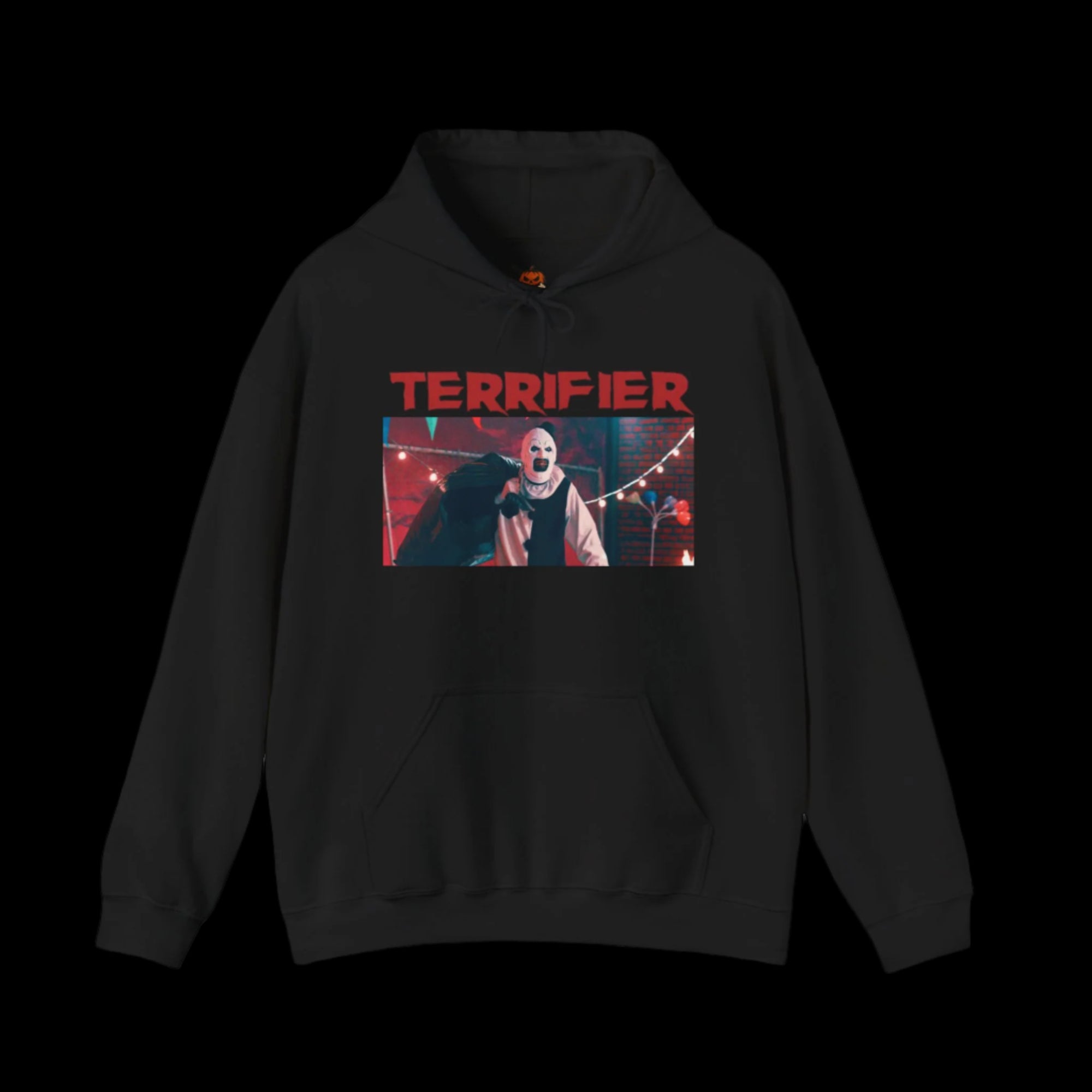 Black hoodie with 'Terrifier' graphic design of Art The Clown on a white background