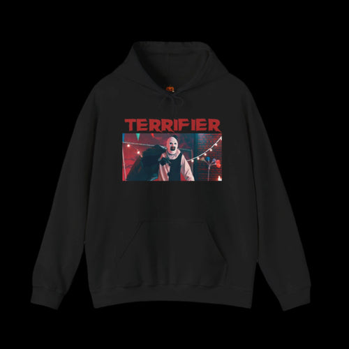 Black hoodie with 'Terrifier' graphic design of Art The Clown on a white background