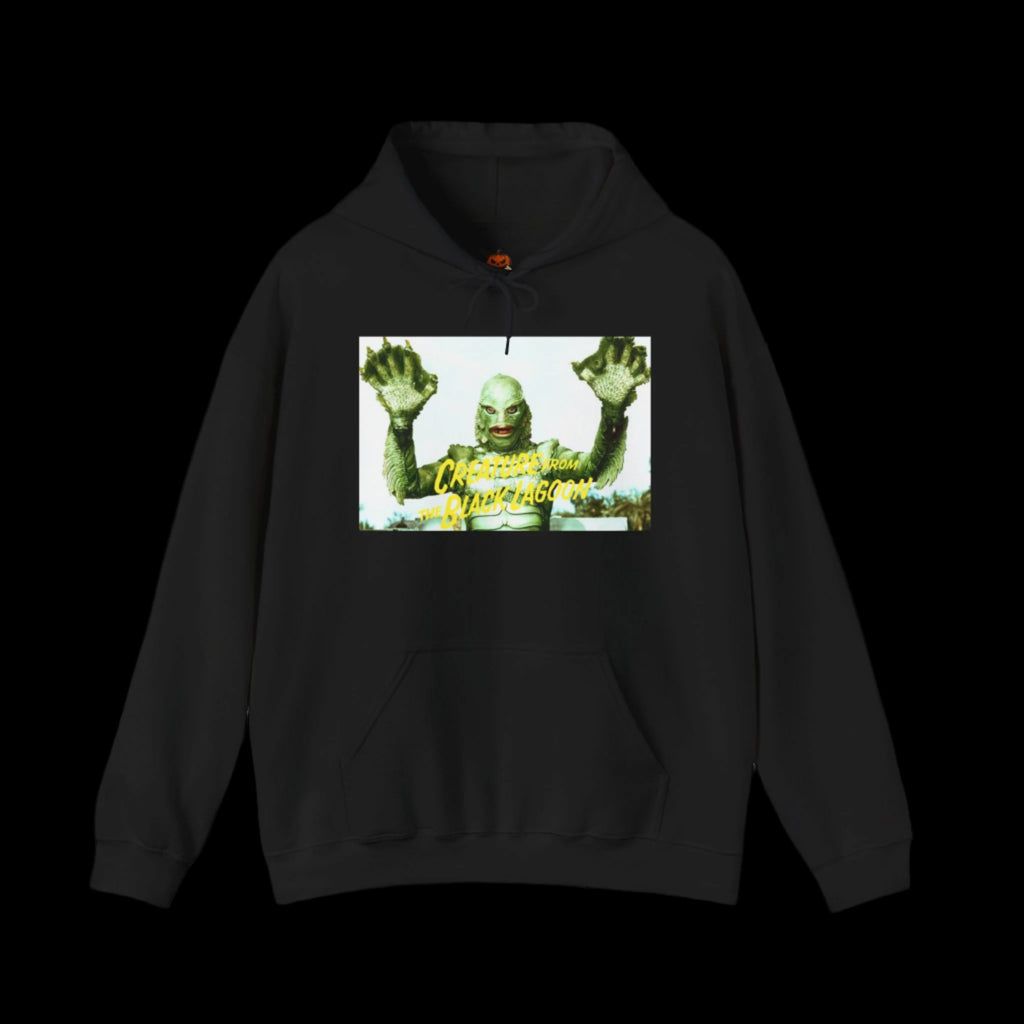 Black hoodie with a graphic of a creature from the black lagoon gill-man and text on a black background
