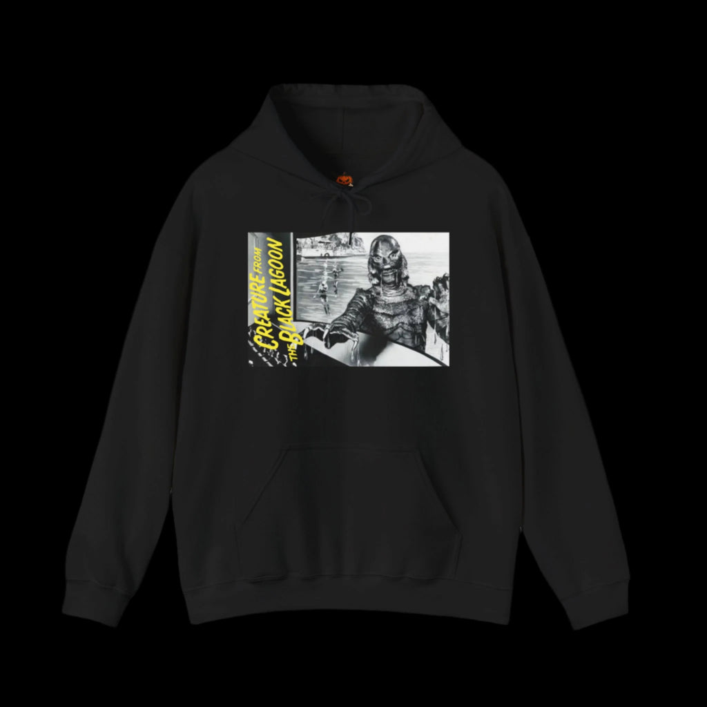 Black hoodie with a graphic of a creature from the black lagoon gill-man and text on a black background
