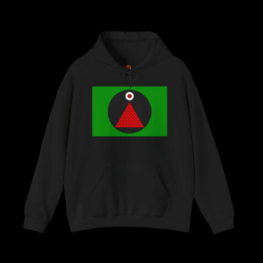 Black hoodie with a green flag design featuring a red triangle and white circle on a black background