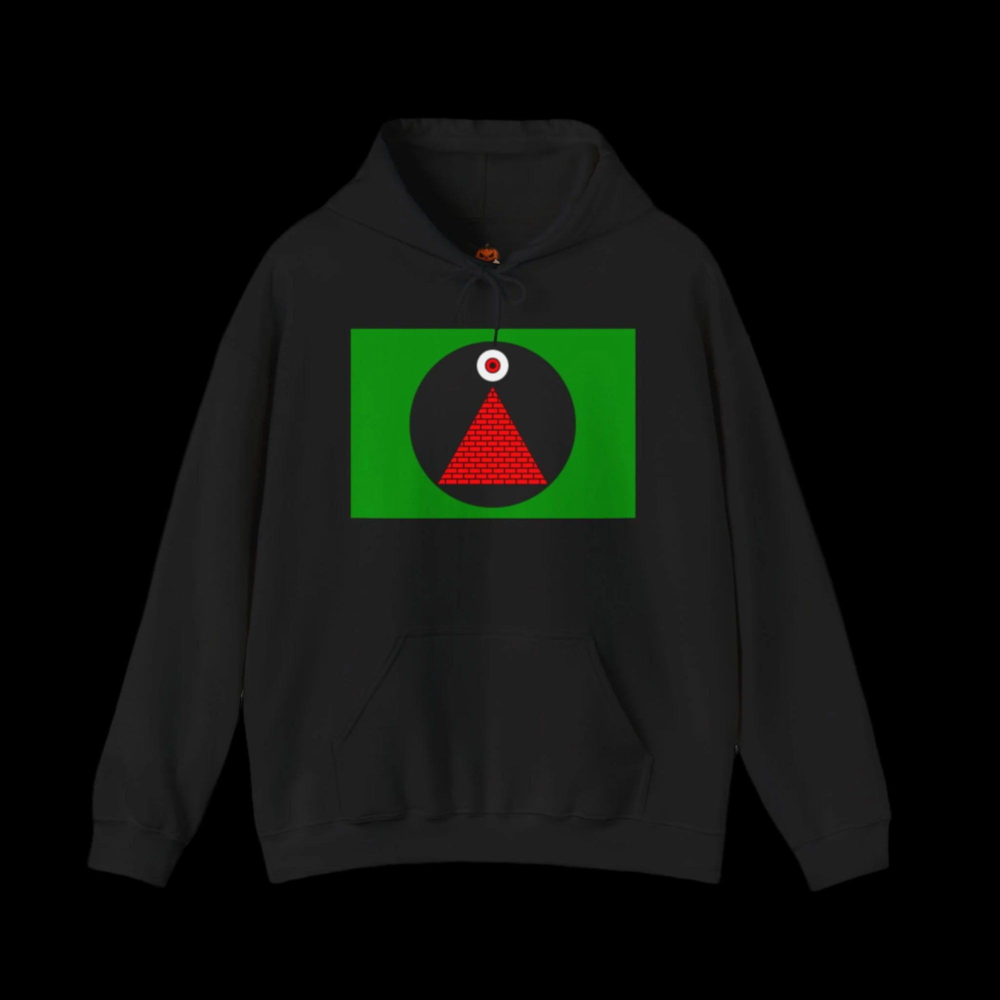 Black hoodie with a green flag design featuring a red triangle and white circle on a black background