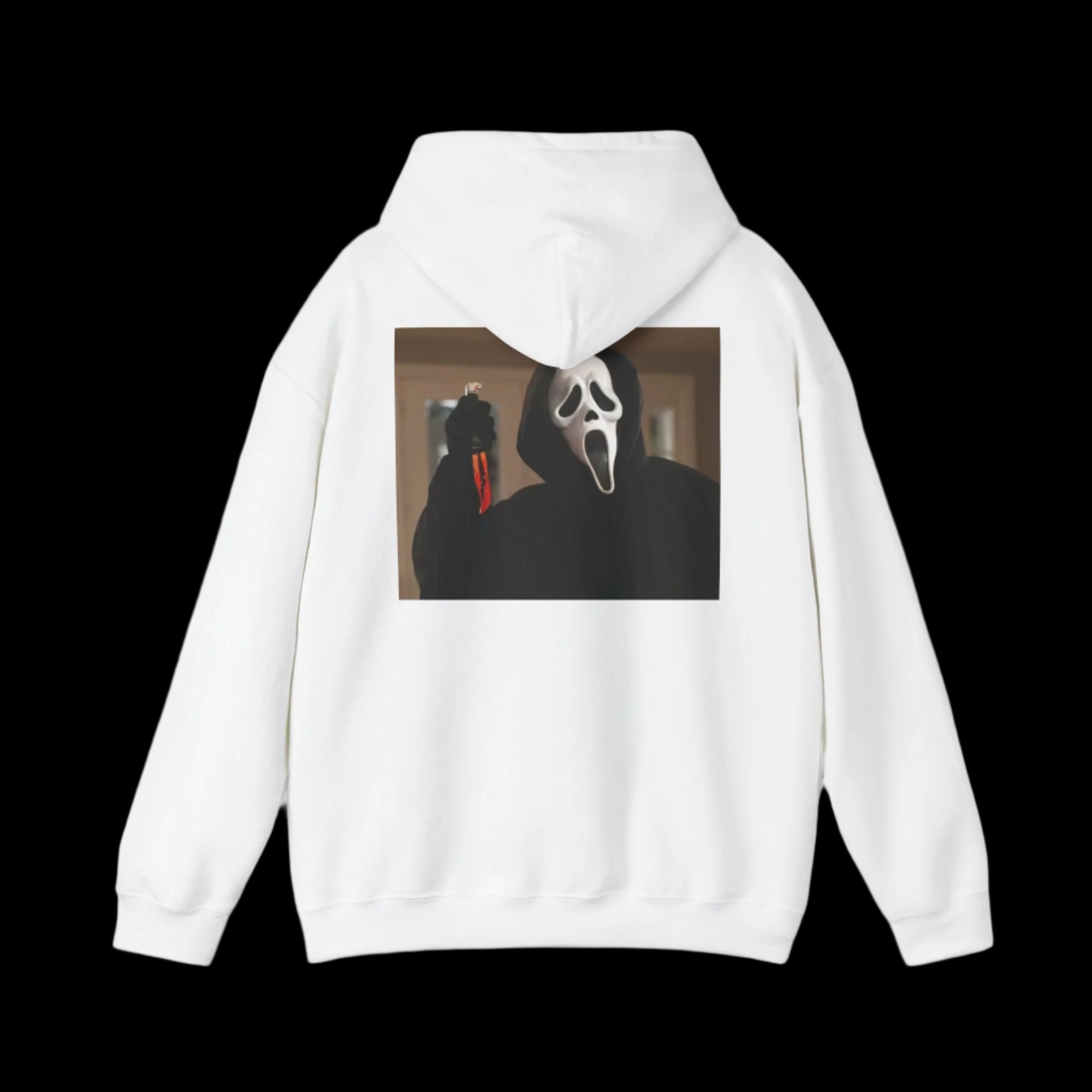White hoodie with a graphic of Ghostface on the back, on a white background