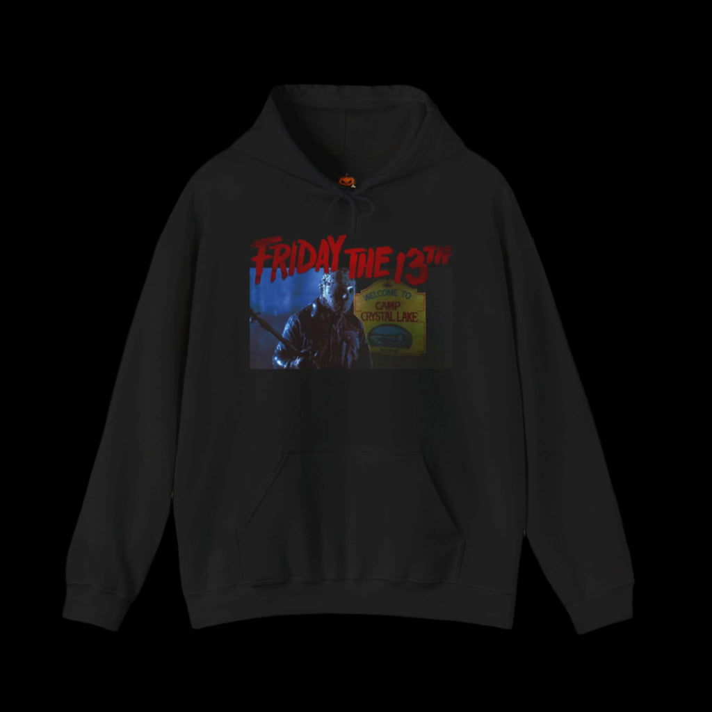 Black hoodie with 'Friday the 13th' graphic on a black background