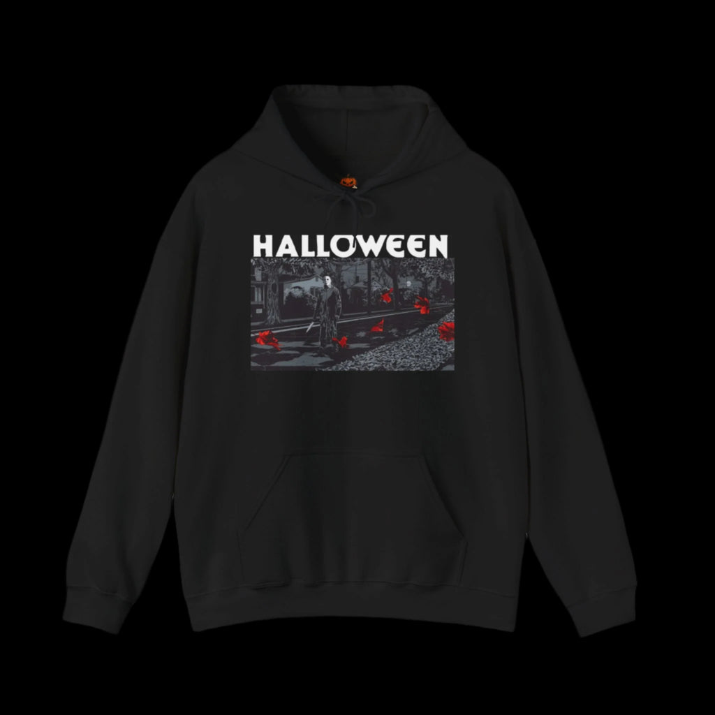 Black hoodie with 'HALLOWEEN' text and a graphic of Michael Myers on a white background