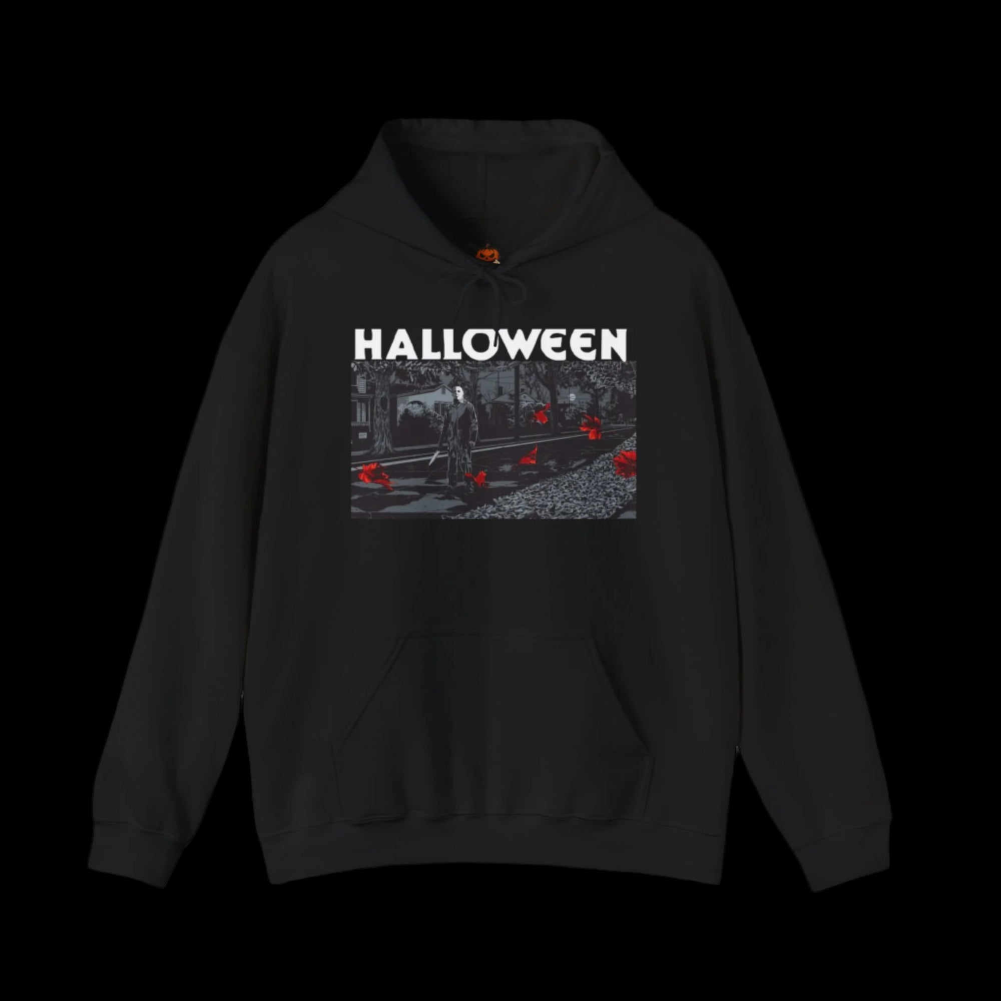 Black hoodie with 'HALLOWEEN' text and a graphic of Michael Myers on a white background