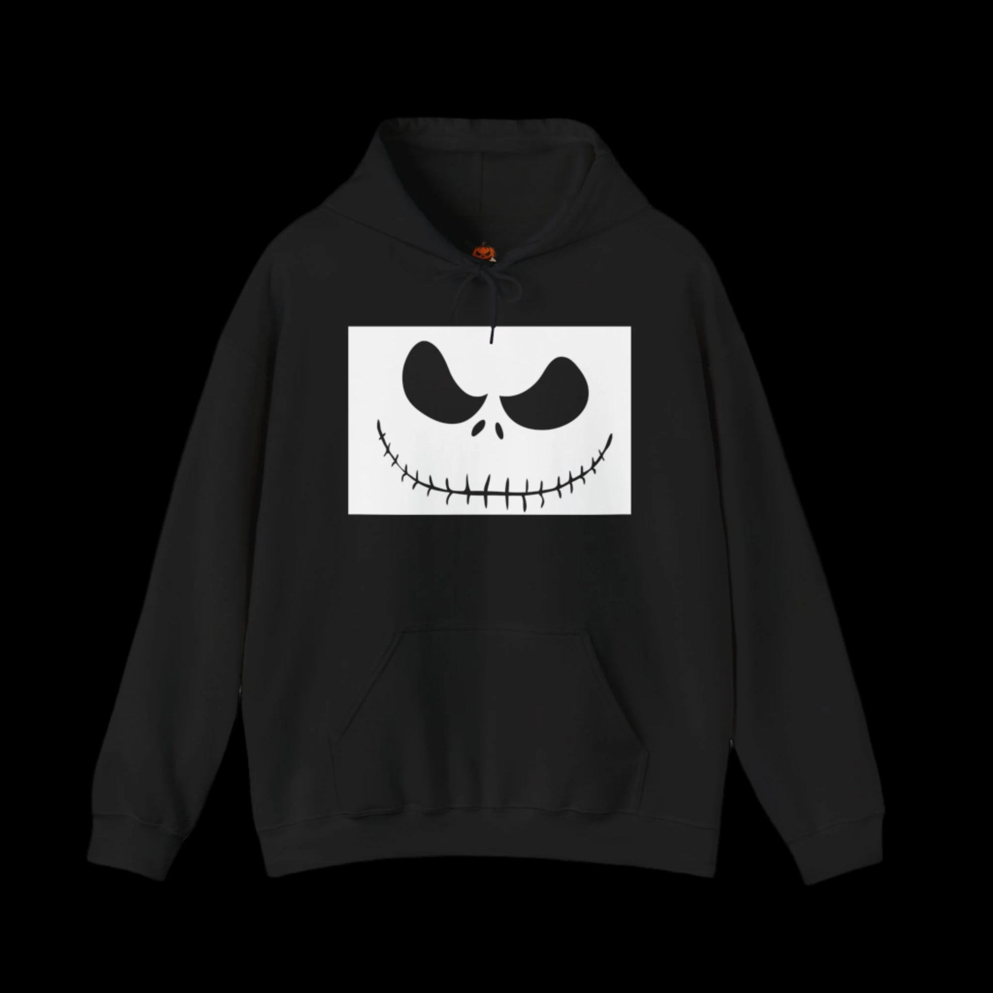 Black hoodie with a white skull design on a black background