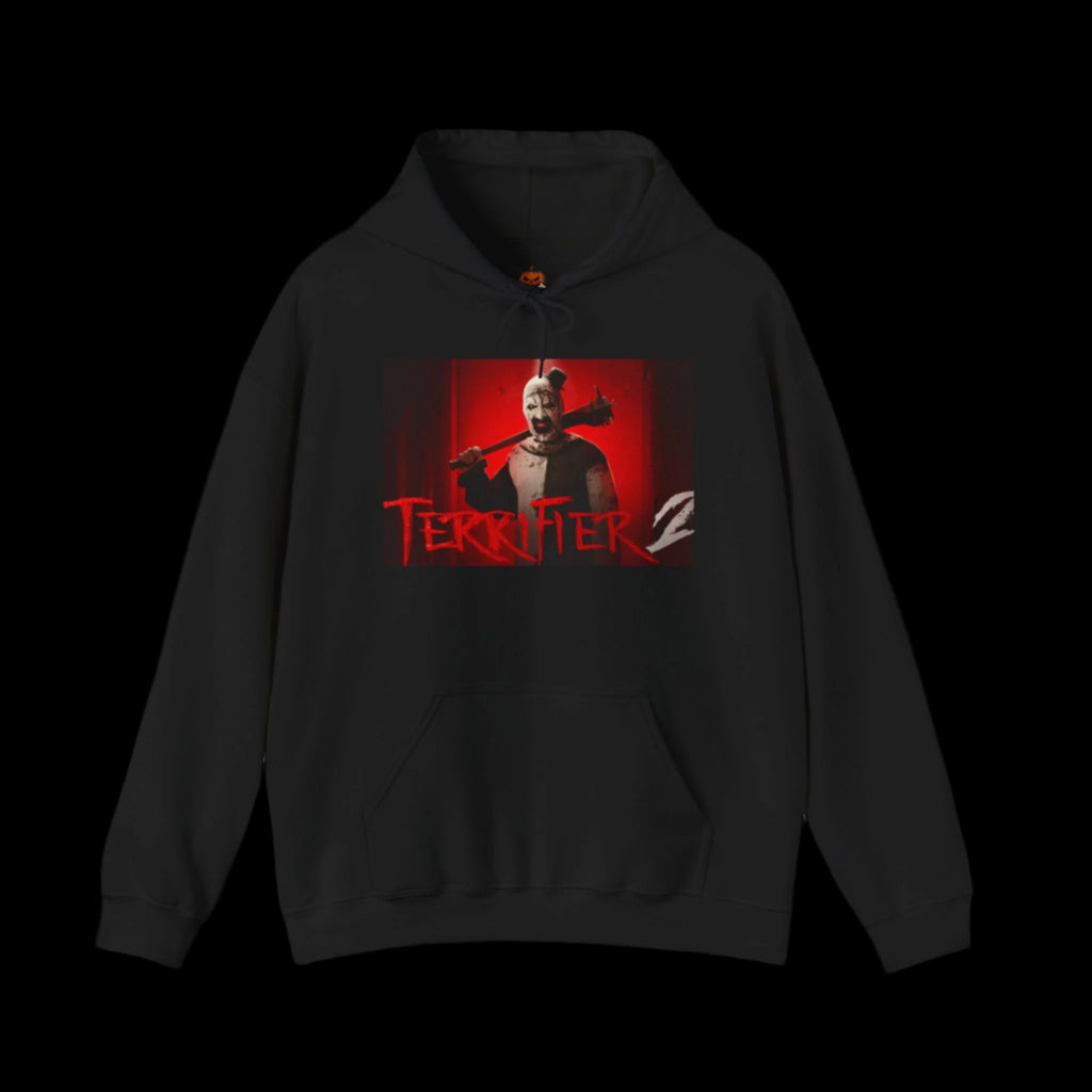 Black hoodie with 'Terrifier' graphic design of Art The Clown on a white background