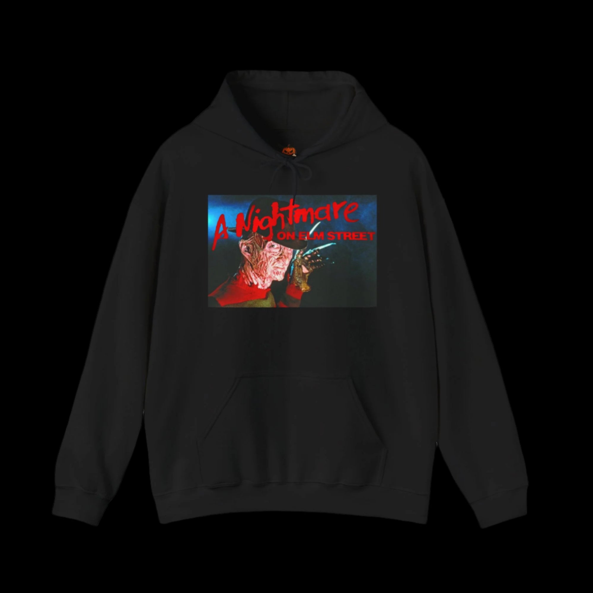 Black hoodie with 'A Nightmare on Elm Street' graphic design on a black background