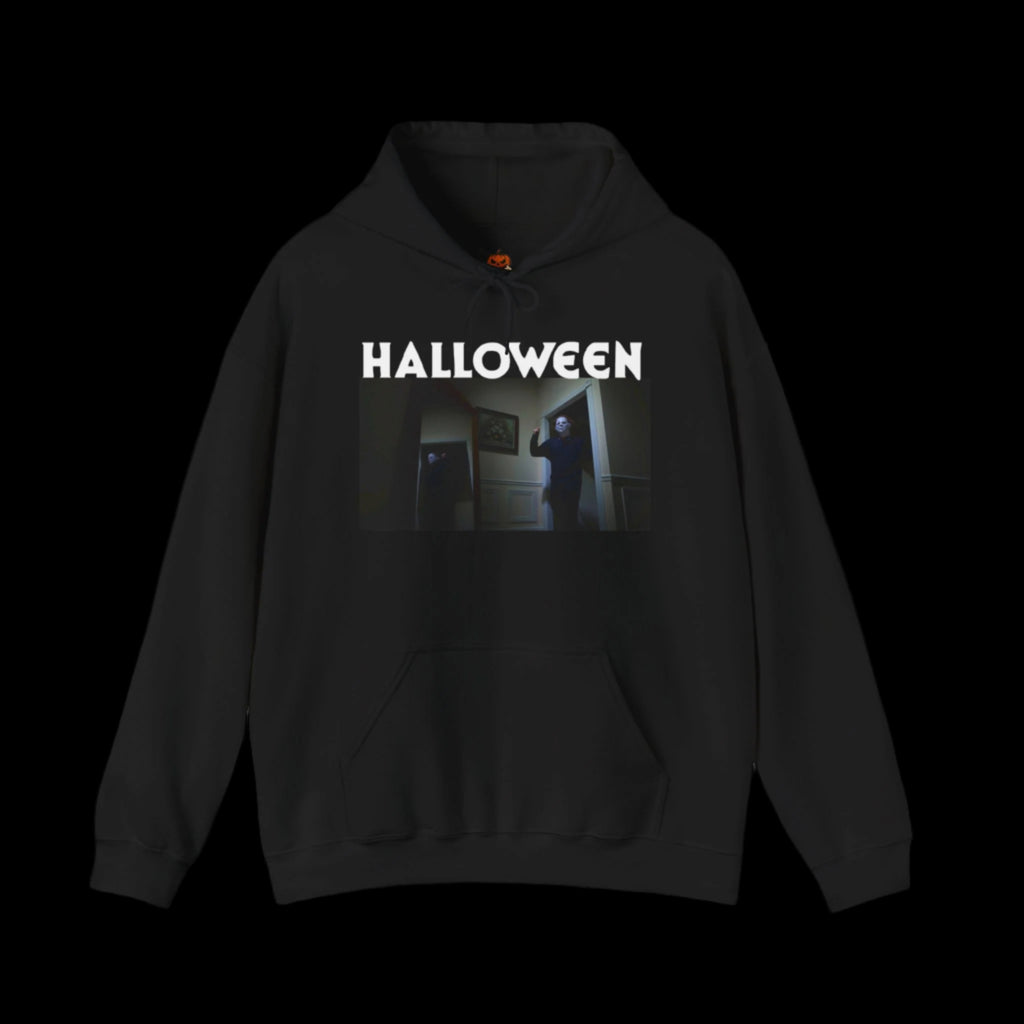Black hoodie with 'HALLOWEEN' text and a graphic of Michael Myers on a white background