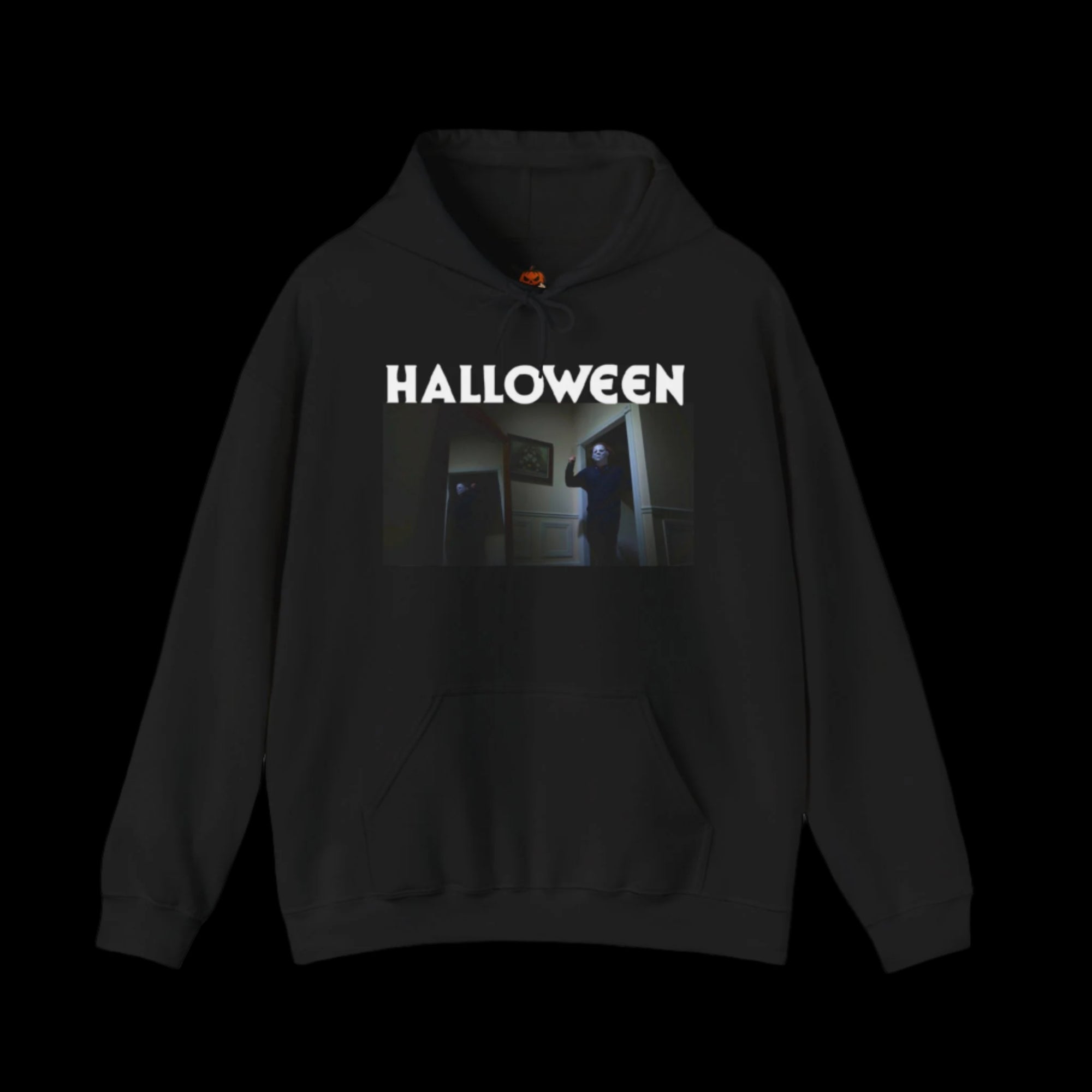 Black hoodie with 'HALLOWEEN' text and a graphic of Michael Myers on a white background