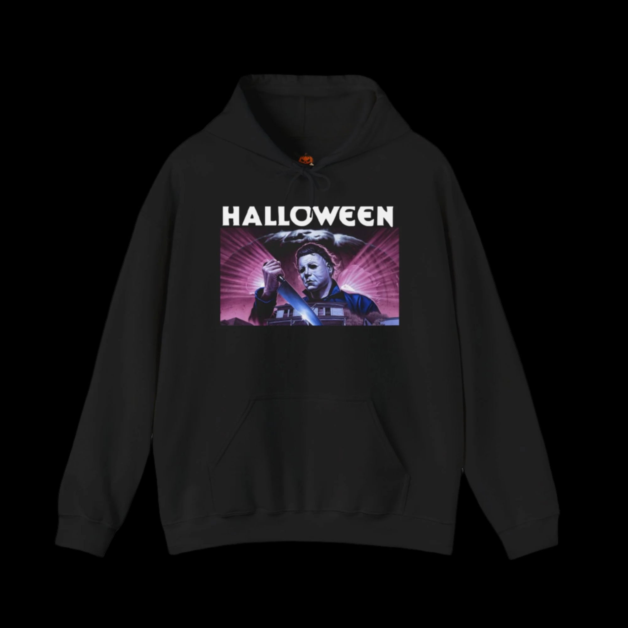 Black hoodie with 'HALLOWEEN' text and a graphic of Michael Myers on a white background