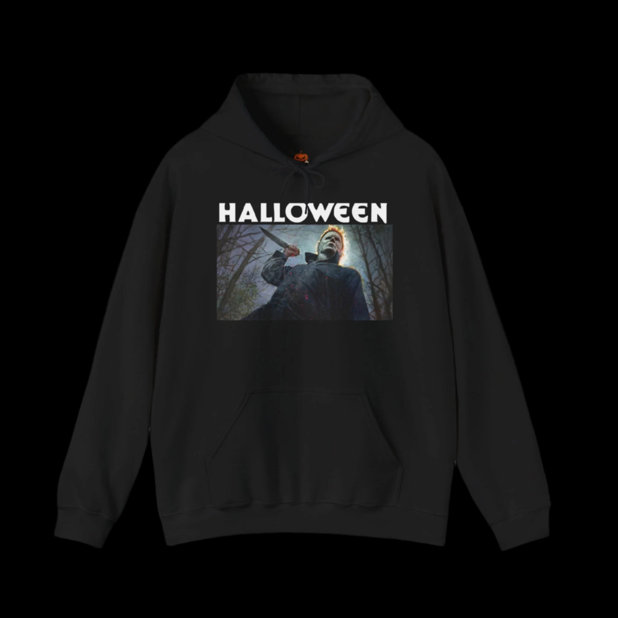 Black hoodie with 'HALLOWEEN' text and a graphic of Michael Myers on a white background