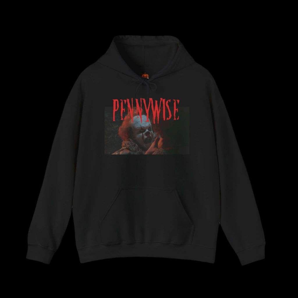 Black hoodie with 'Pennywise' graphic design on a black background