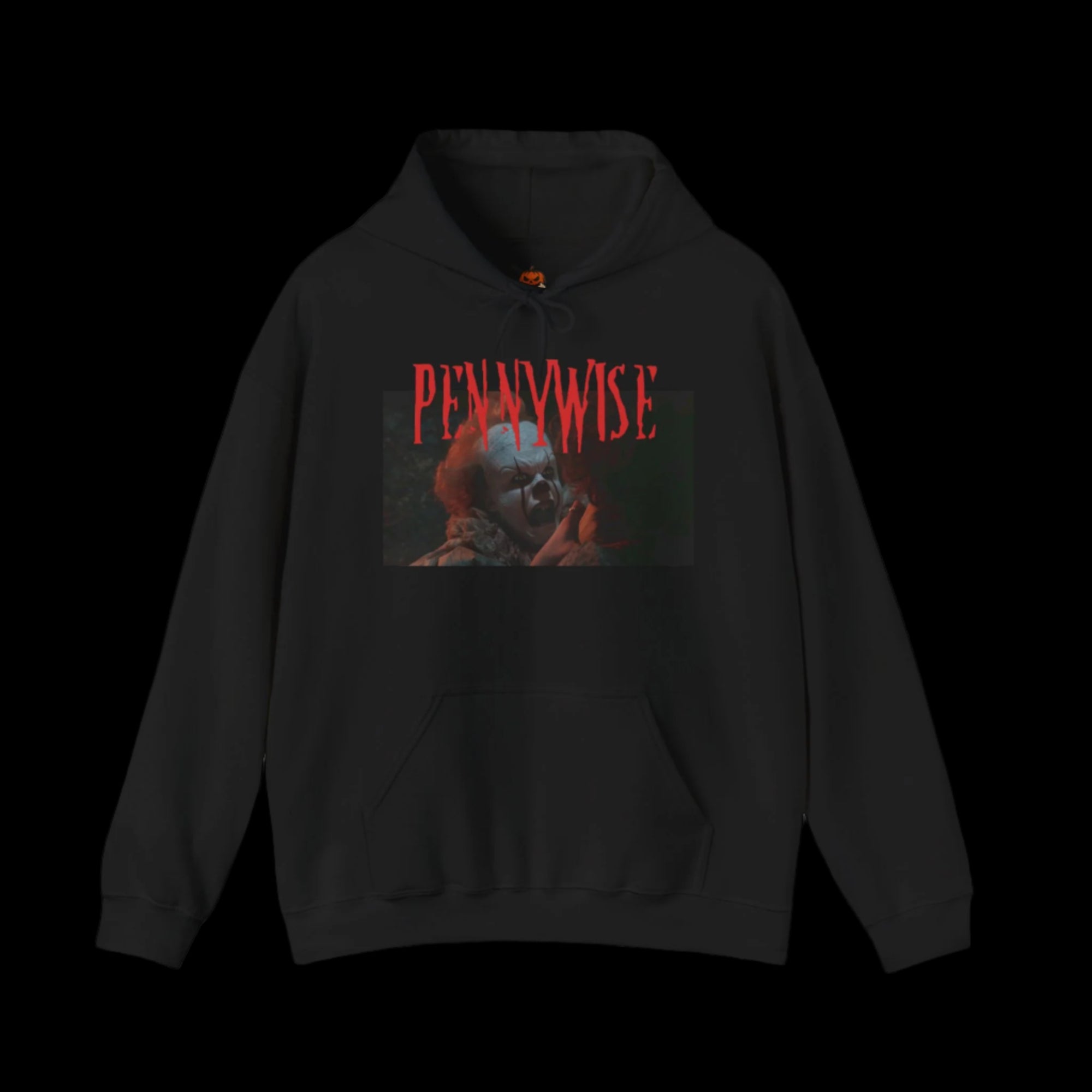 Black hoodie with 'Pennywise' graphic design on a black background