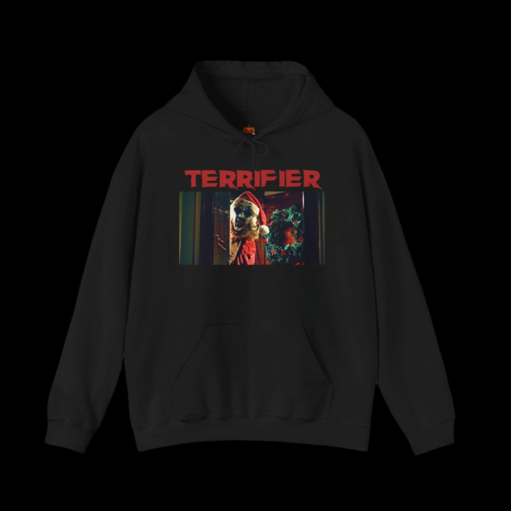 Black hoodie with 'Terrifier' graphic design of Art The Clown on a white background