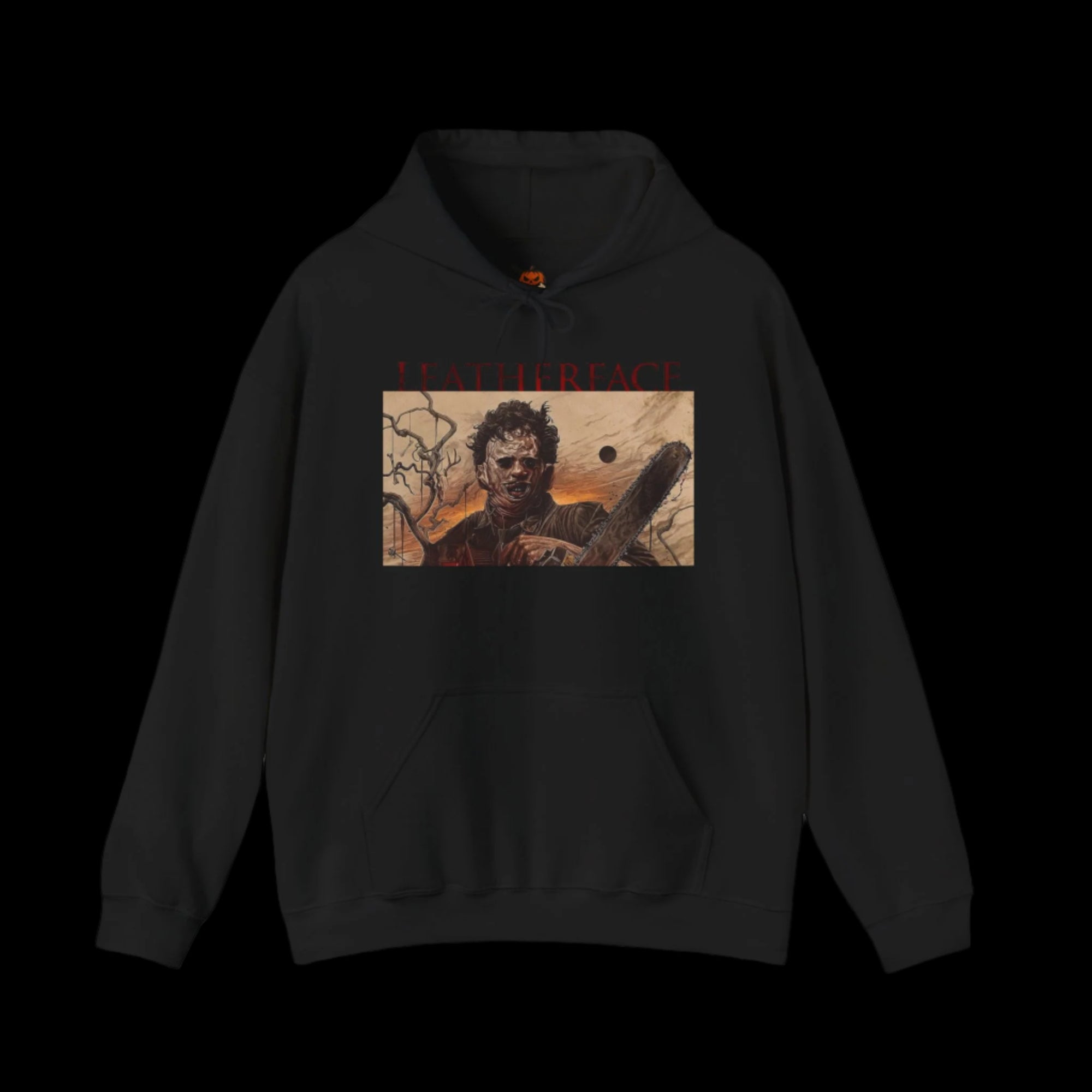 Black hoodie with graphic design on a black background