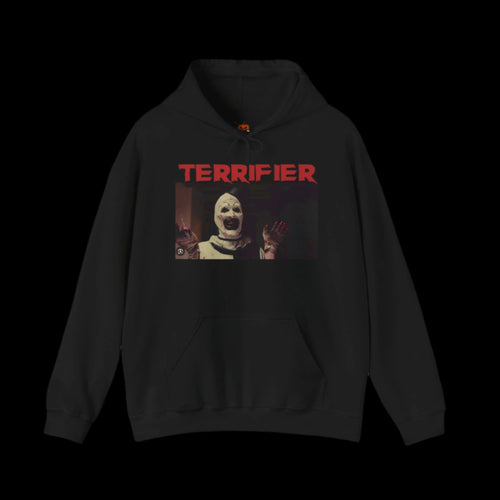 Black hoodie with 'Terrifier' graphic design of Art The Clown on a white background